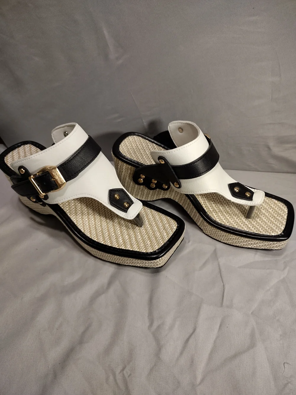 White and Black Wedge Thong Sandals